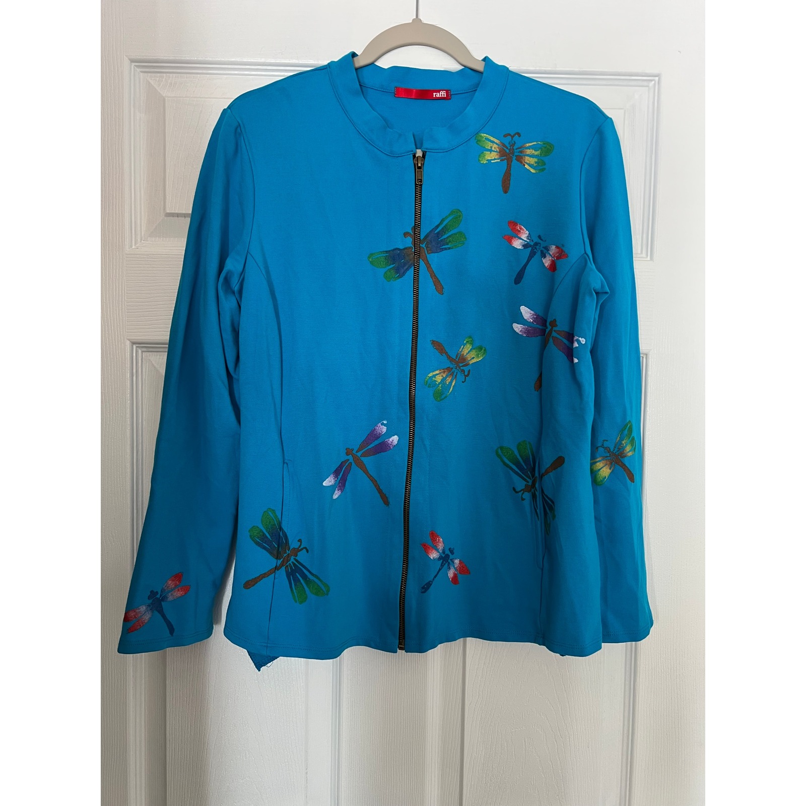 Raffi Zip Up Jacket Rayon Nylon Turquoise Dragonfly Whimsical Art To Wear Small